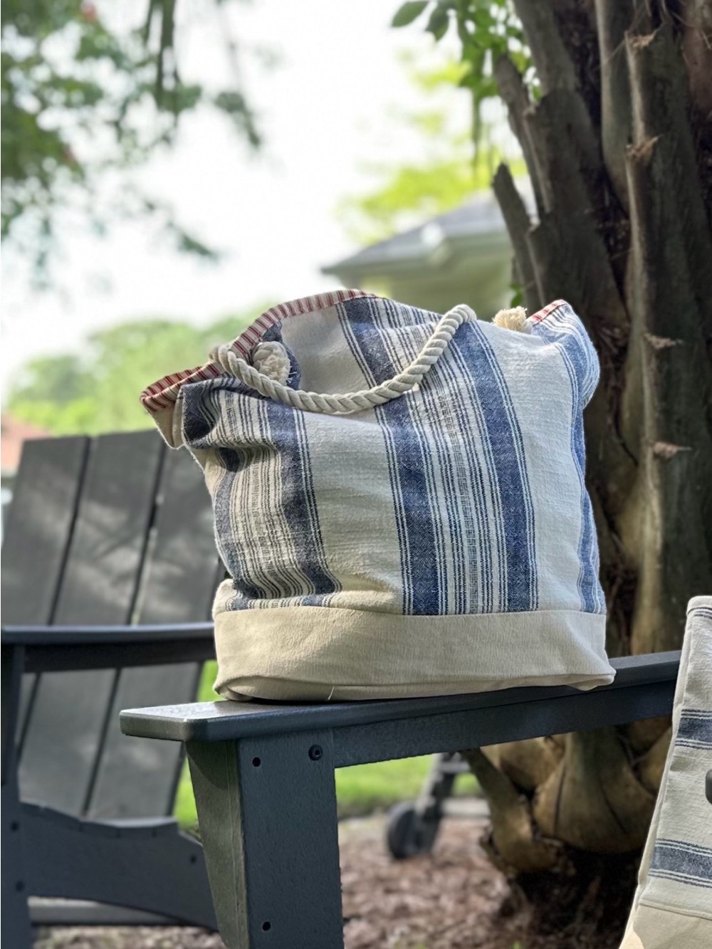 Blue and White Striped Rope-Handle Tote Bag